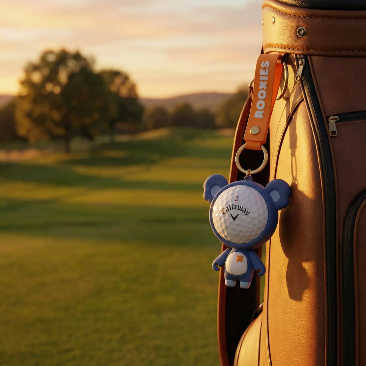 Kaddie Koala on a golf bag at sunset